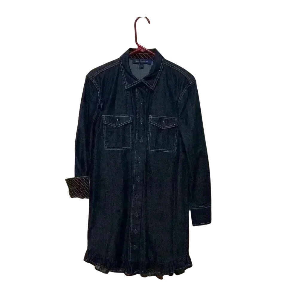 Tommy Hilfiger Womens Dark Wash Denim Ruffle Hem Shirt Dress Blue Size 4
